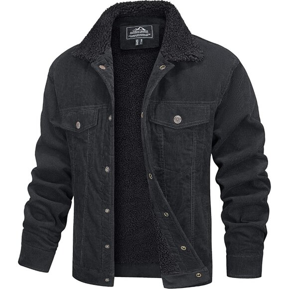 Mens Dark Grey Corduroy Jacket Sherpa Lined Warm Winter Trucker Cargo Coat - Picture 1 of 7